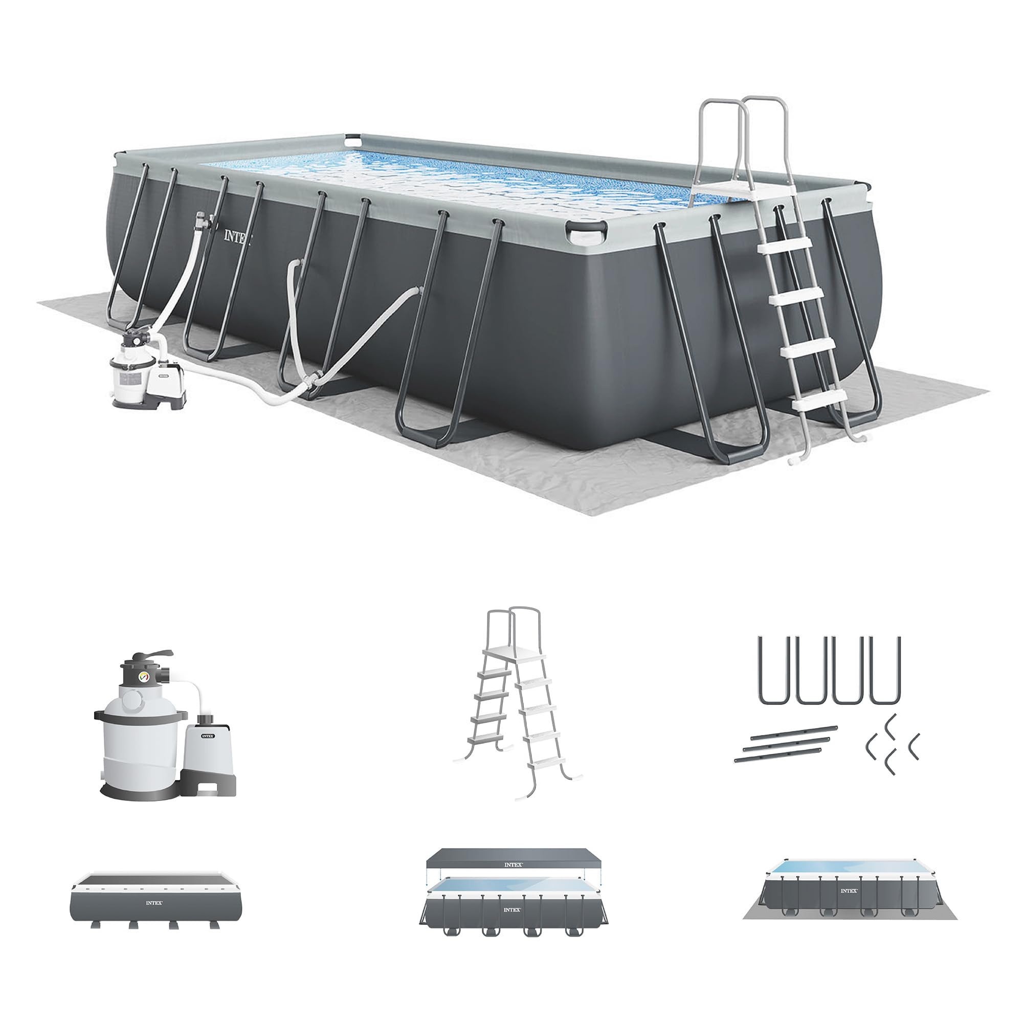INTEX Ultra XTR 32 ft x 16 ft 52 in Above Ground Pool Set, Rectangular Swimming Pool with Sand Pump, Saltwater System, Maintenance Kit, & Volleyball Game