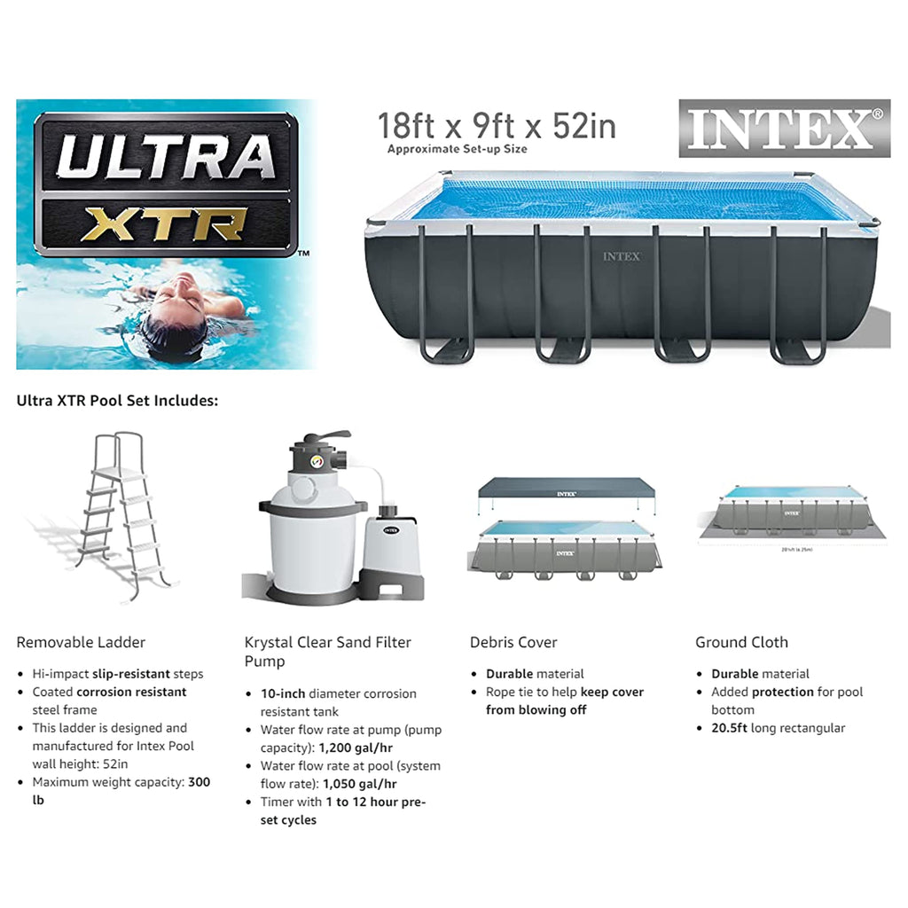 INTEX Ultra XTR 32 ft x 16 ft 52 in Above Ground Pool Set, Rectangular Swimming Pool with Sand Pump, Saltwater System, Maintenance Kit, & Volleyball Game