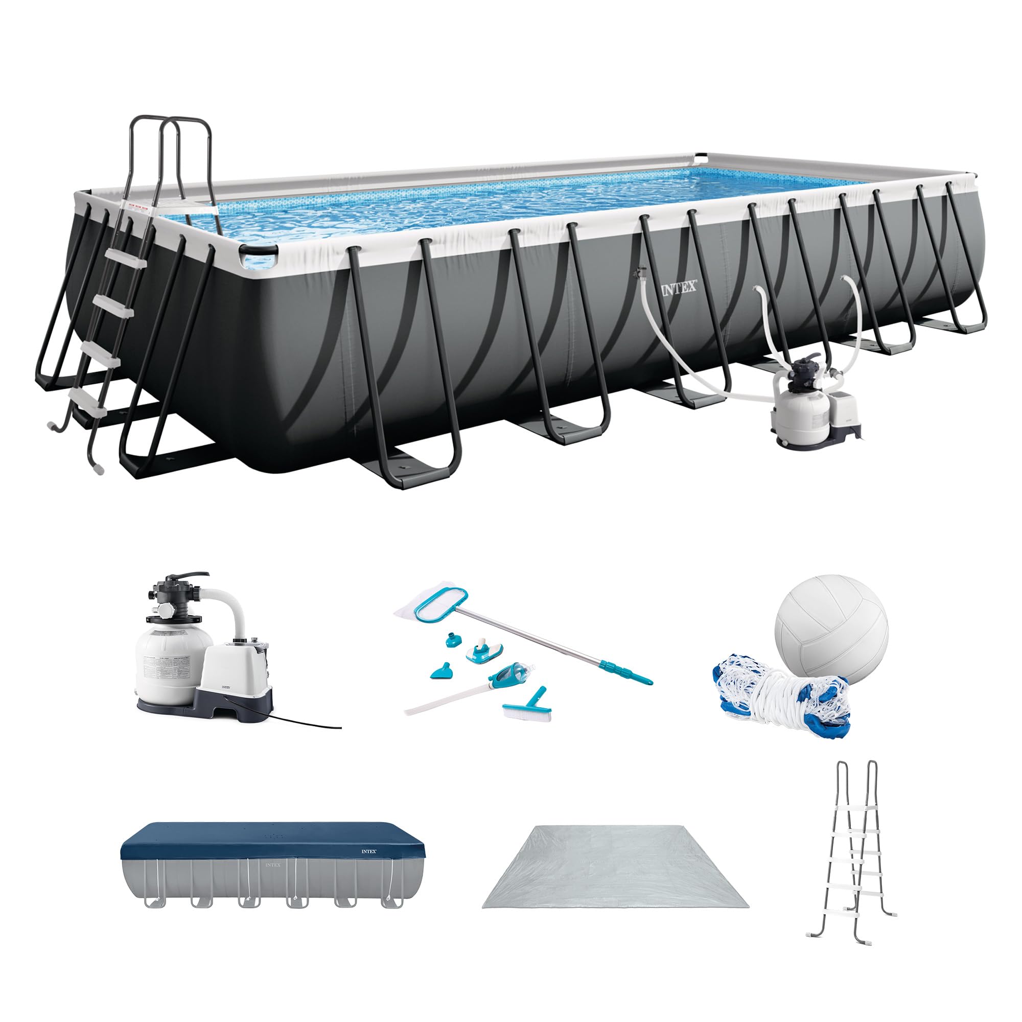 INTEX Ultra XTR 32 ft x 16 ft 52 in Above Ground Pool Set, Rectangular Swimming Pool with Sand Pump, Saltwater System, Maintenance Kit, & Volleyball Game