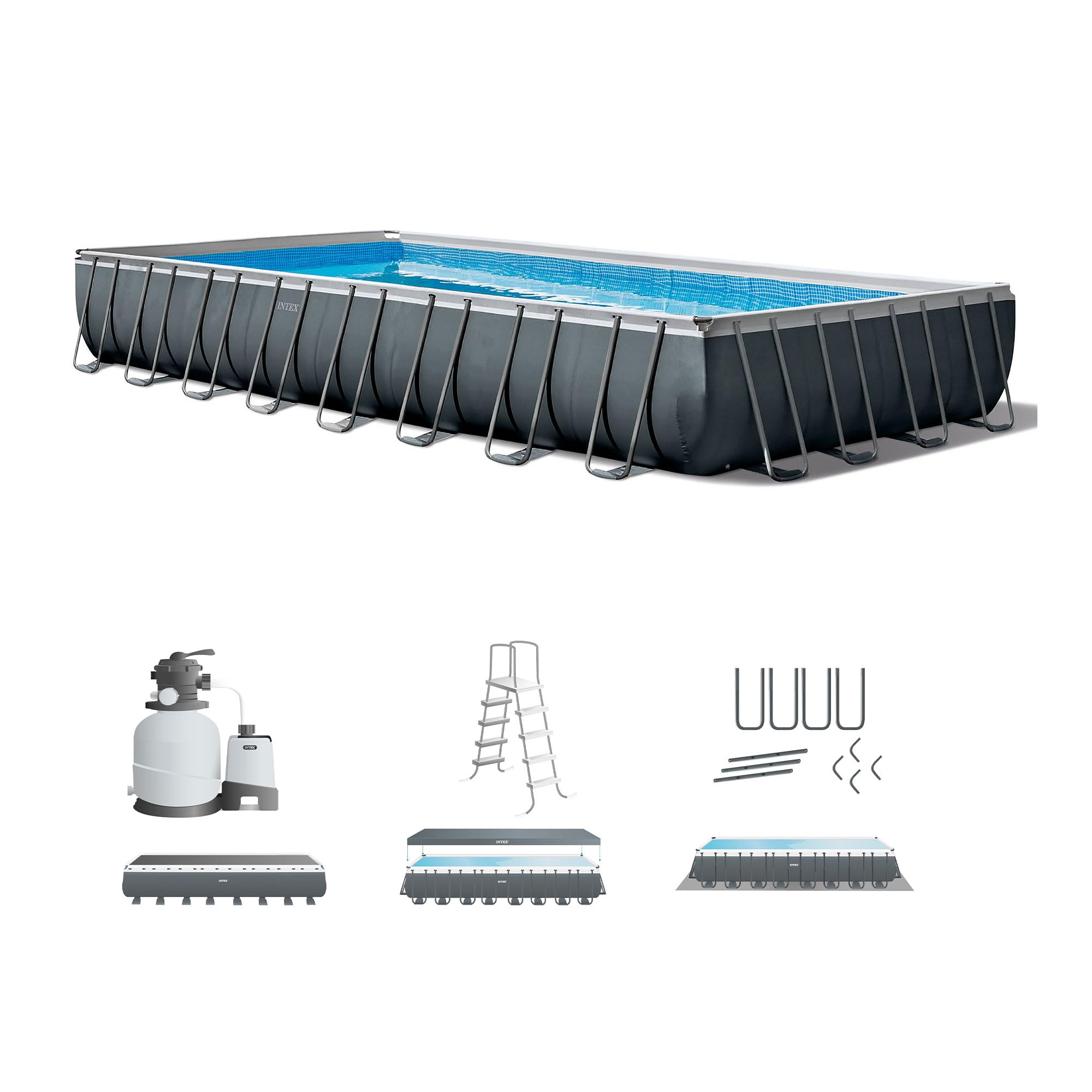 INTEX Ultra XTR 32 ft x 16 ft 52 in Above Ground Pool Set, Rectangular Swimming Pool with Sand Pump, Saltwater System, Maintenance Kit, & Volleyball Game