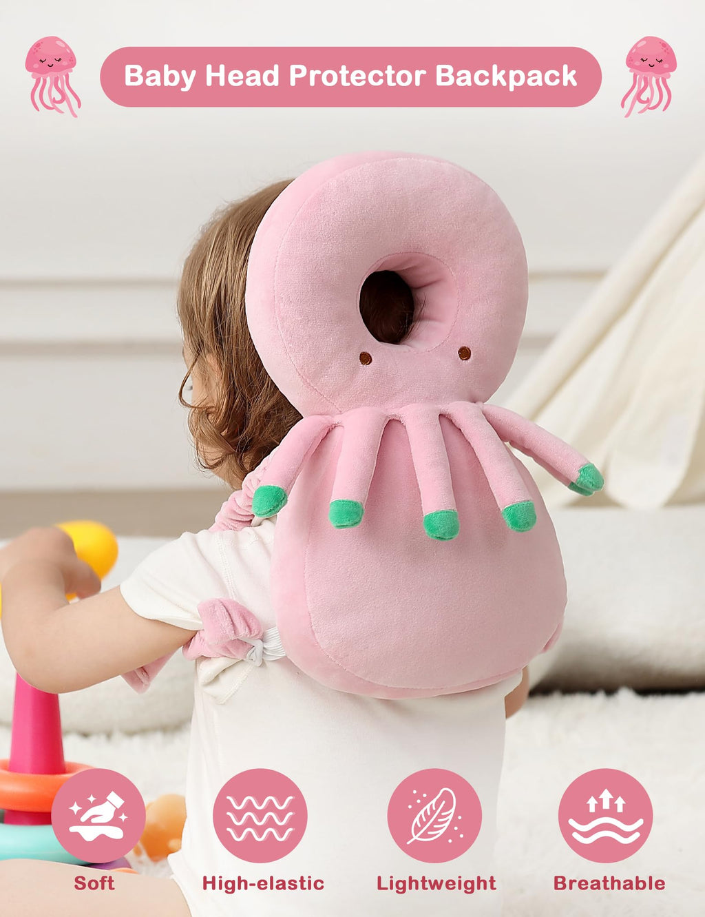 JunNeng Baby Head Protector Backpack, Toddler Walking Fall Head Protection, Pink Butterfly