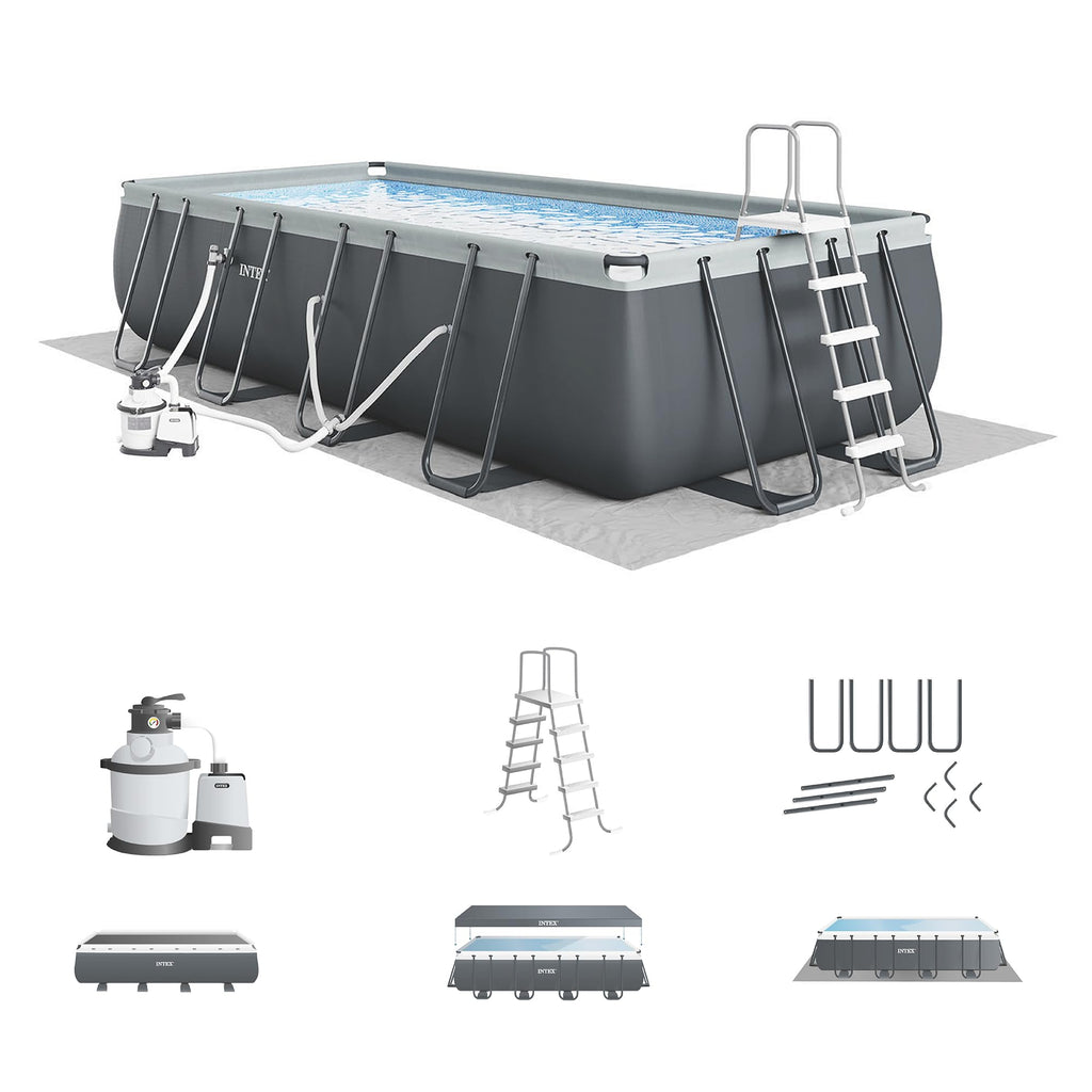 INTEX Ultra XTR 32 ft x 16 ft 52 in Above Ground Pool Set, Rectangular Swimming Pool with Sand Pump, Saltwater System, Maintenance Kit, & Volleyball Game