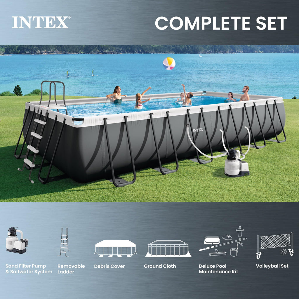 INTEX Ultra XTR 32 ft x 16 ft 52 in Above Ground Pool Set, Rectangular Swimming Pool with Sand Pump, Saltwater System, Maintenance Kit, & Volleyball Game