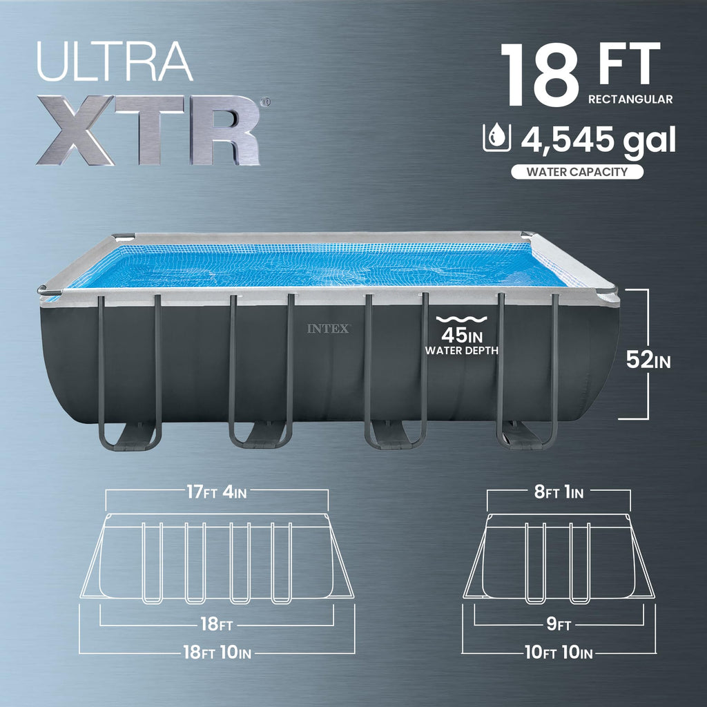INTEX Ultra XTR 32 ft x 16 ft 52 in Above Ground Pool Set, Rectangular Swimming Pool with Sand Pump, Saltwater System, Maintenance Kit, & Volleyball Game