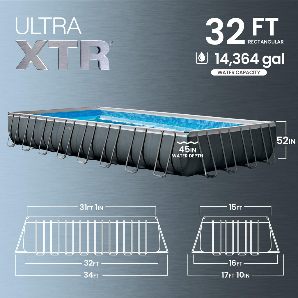 INTEX Ultra XTR 32 ft x 16 ft 52 in Above Ground Pool Set, Rectangular Swimming Pool with Sand Pump, Saltwater System, Maintenance Kit, & Volleyball Game