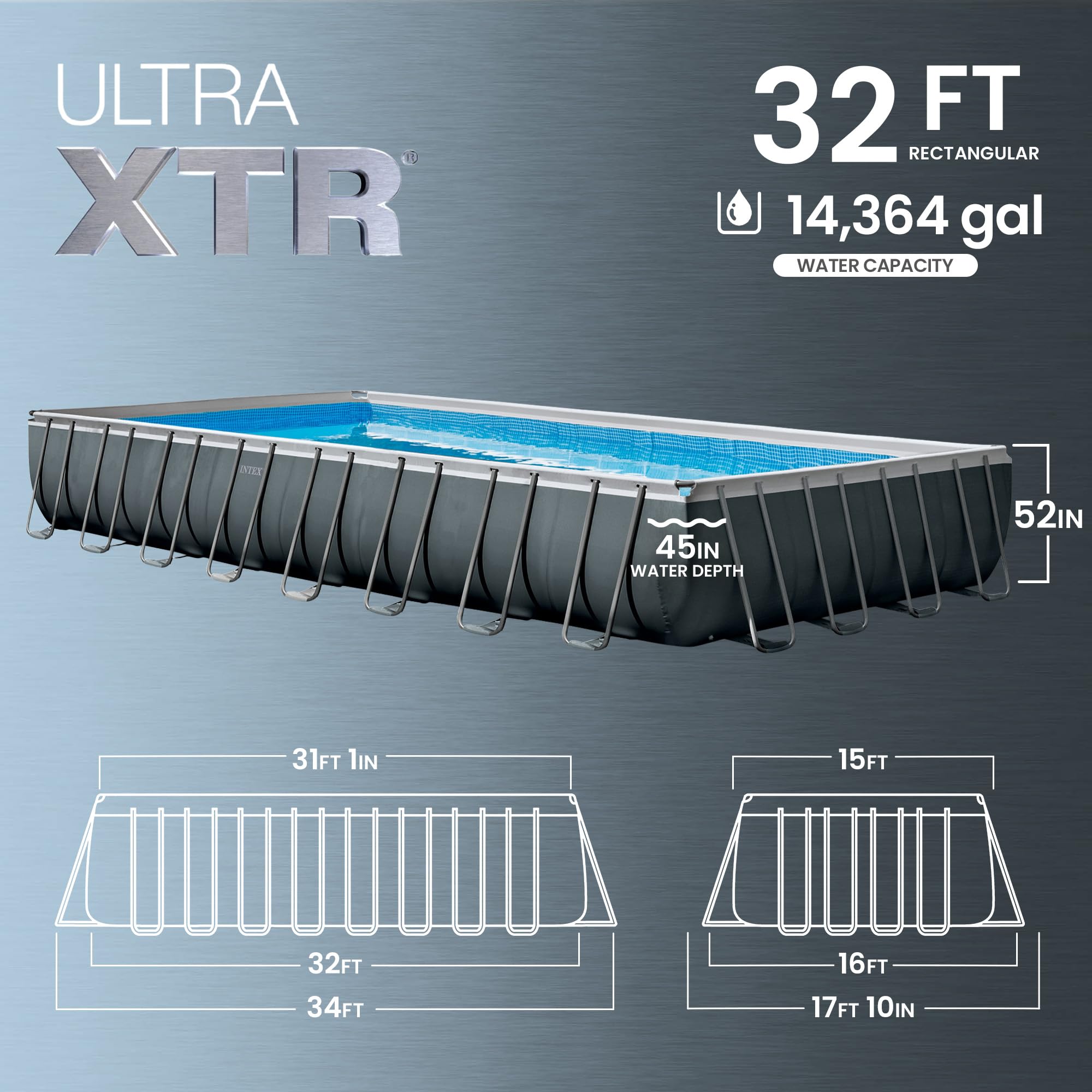 INTEX Ultra XTR 32 ft x 16 ft 52 in Above Ground Pool Set, Rectangular Swimming Pool with Sand Pump, Saltwater System, Maintenance Kit, & Volleyball Game