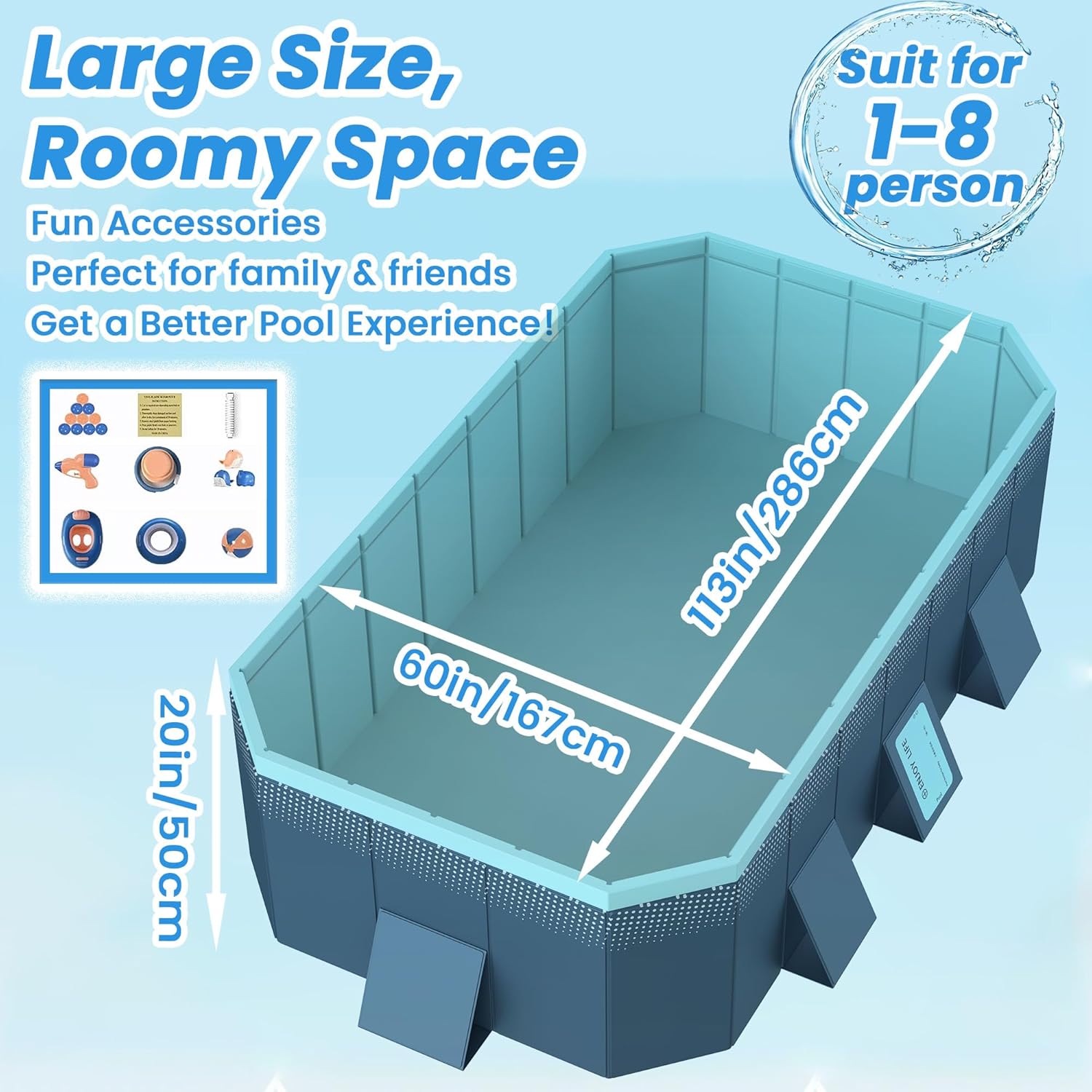 Foldable Non-Inflatable Above Ground Framed Swimming Pool for Backyard, Family Pool (113" x 66" x 20")