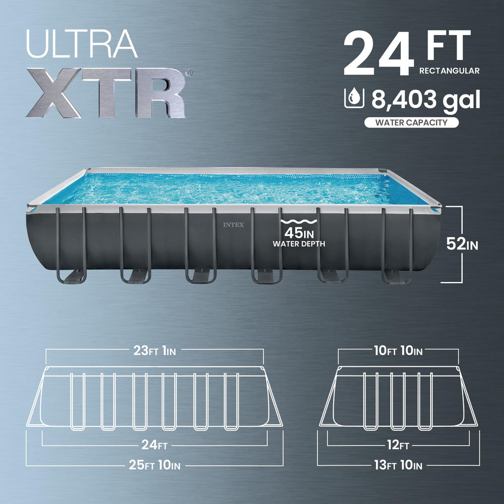 INTEX Ultra XTR 32 ft x 16 ft 52 in Above Ground Pool Set, Rectangular Swimming Pool with Sand Pump, Saltwater System, Maintenance Kit, & Volleyball Game