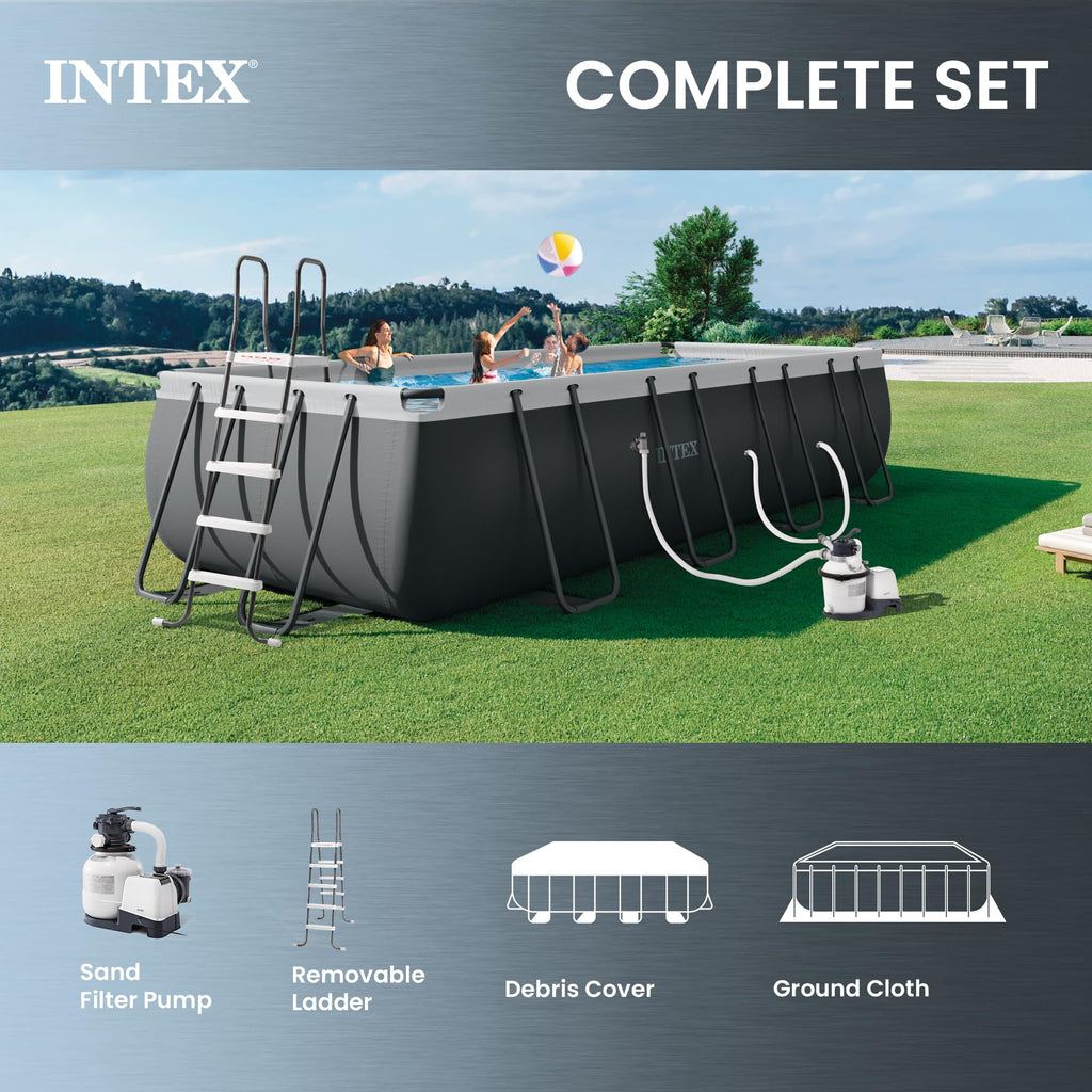 INTEX Ultra XTR 32 ft x 16 ft 52 in Above Ground Pool Set, Rectangular Swimming Pool with Sand Pump, Saltwater System, Maintenance Kit, & Volleyball Game