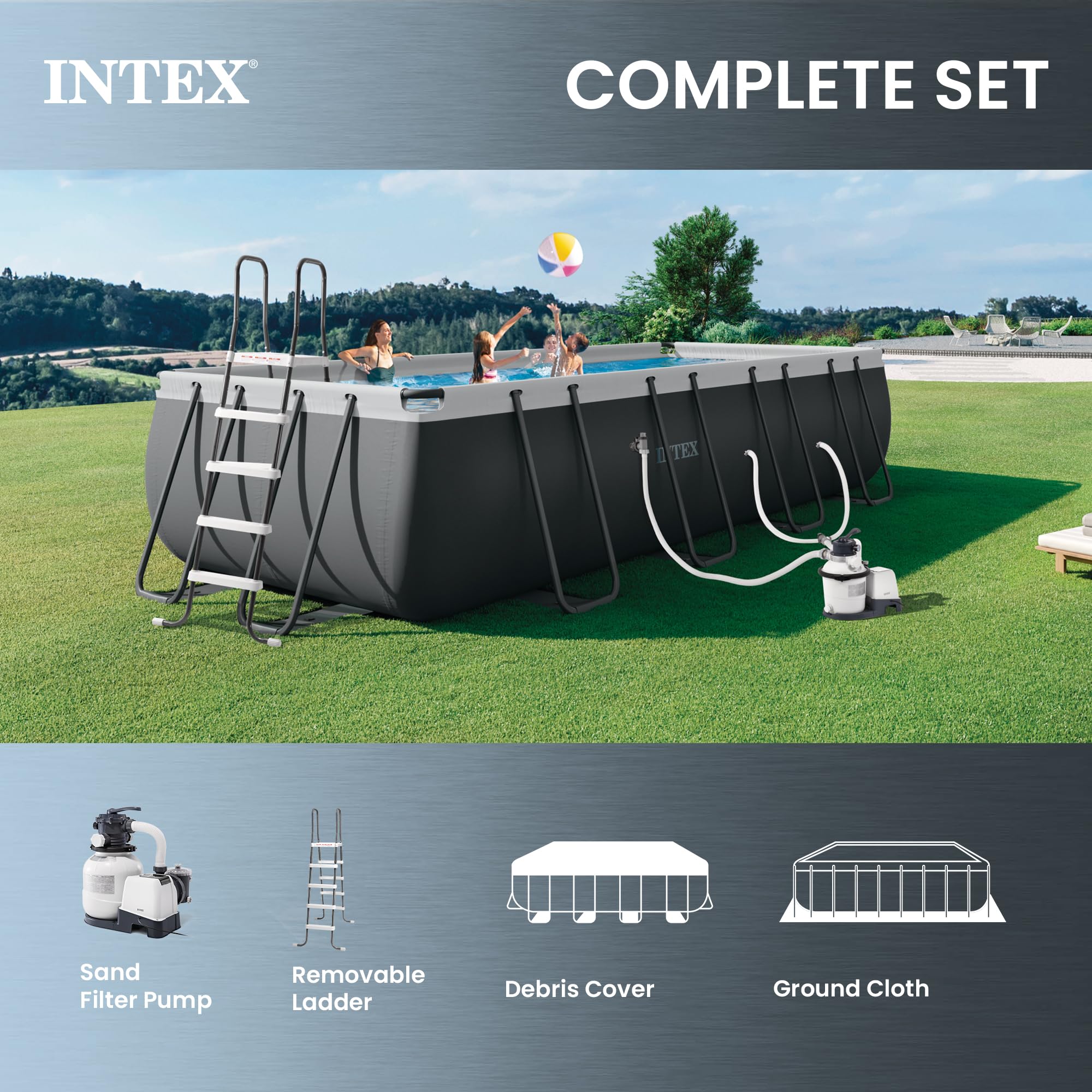 INTEX Ultra XTR 32 ft x 16 ft 52 in Above Ground Pool Set, Rectangular Swimming Pool with Sand Pump, Saltwater System, Maintenance Kit, & Volleyball Game
