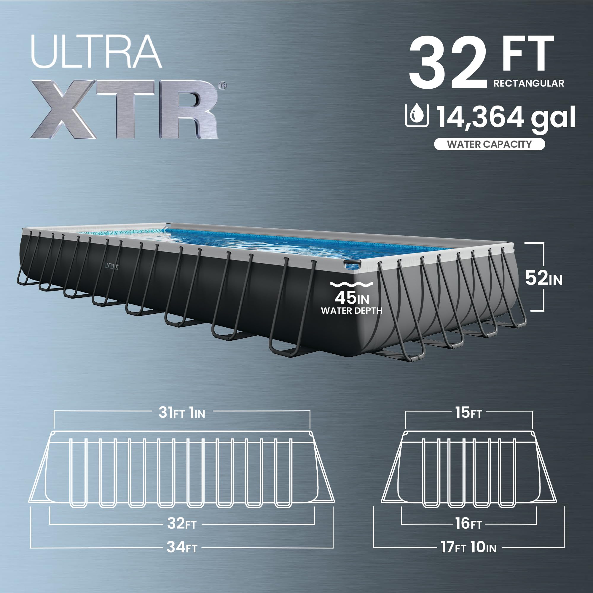 INTEX Ultra XTR 32 ft x 16 ft 52 in Above Ground Pool Set, Rectangular Swimming Pool with Sand Pump, Saltwater System, Maintenance Kit, & Volleyball Game