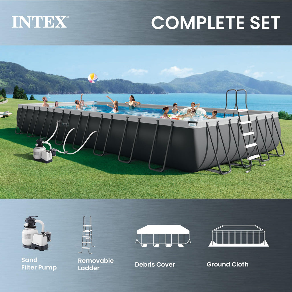 INTEX Ultra XTR 32 ft x 16 ft 52 in Above Ground Pool Set, Rectangular Swimming Pool with Sand Pump, Saltwater System, Maintenance Kit, & Volleyball Game