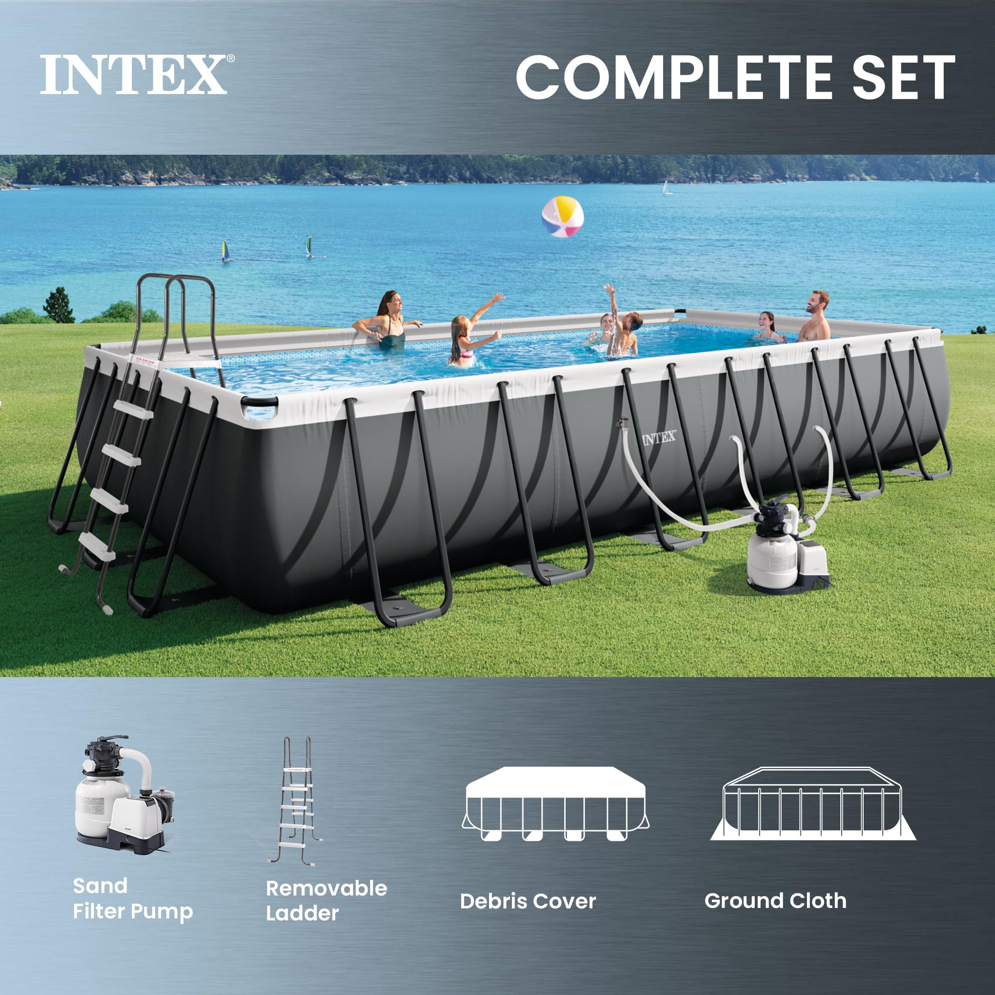 INTEX Ultra XTR 32 ft x 16 ft 52 in Above Ground Pool Set, Rectangular Swimming Pool with Sand Pump, Saltwater System, Maintenance Kit, & Volleyball Game