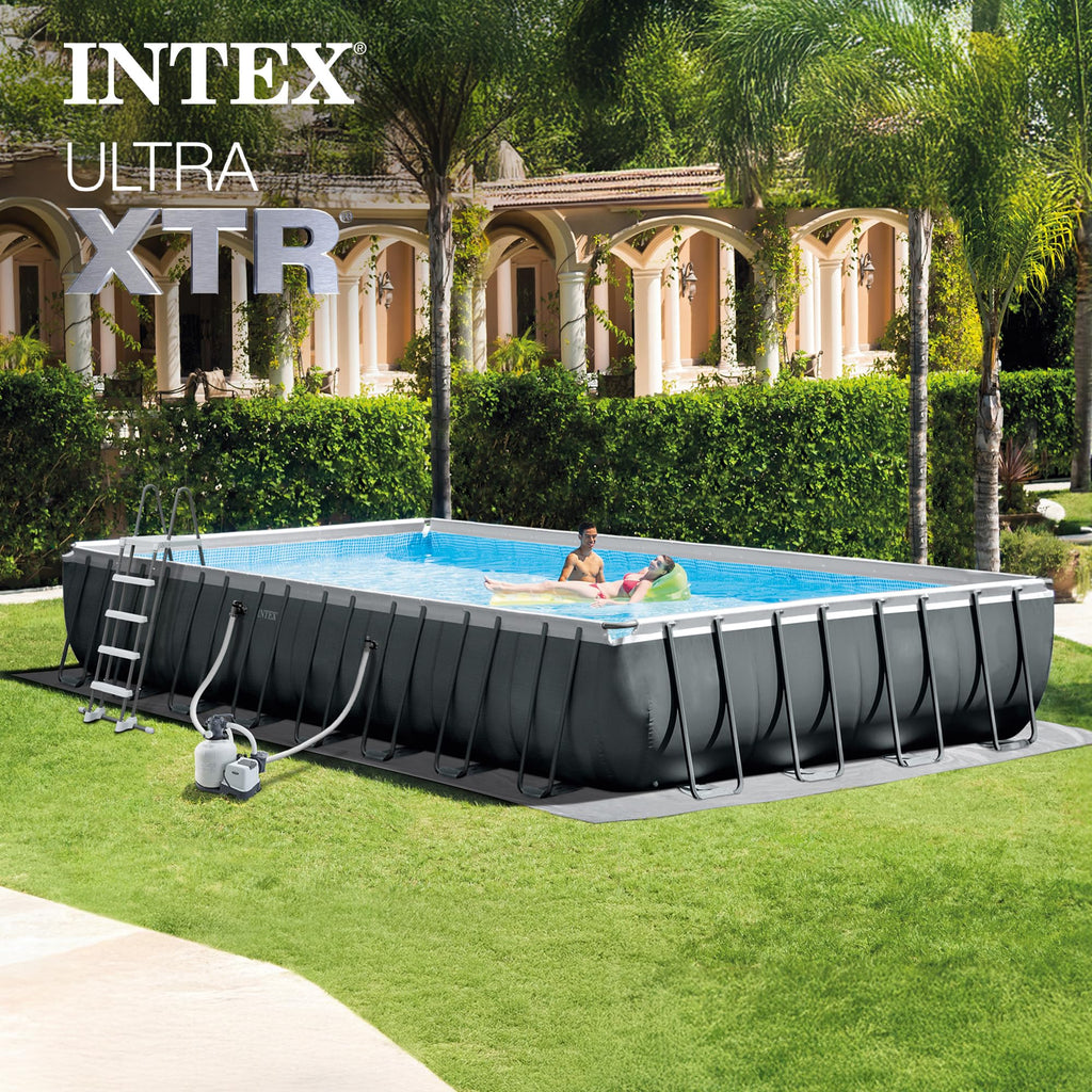 INTEX Ultra XTR 32 ft x 16 ft 52 in Above Ground Pool Set, Rectangular Swimming Pool with Sand Pump, Saltwater System, Maintenance Kit, & Volleyball Game