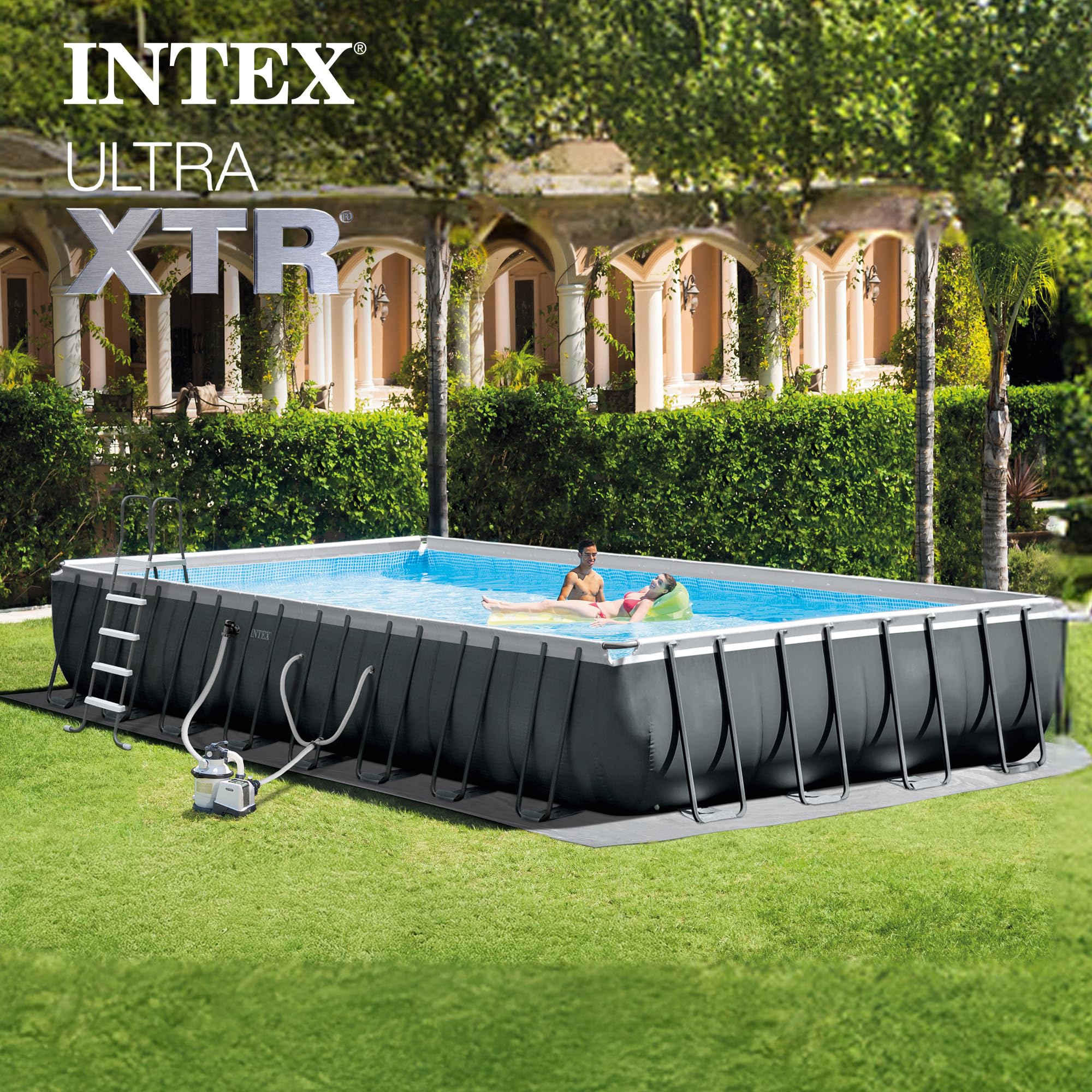 INTEX Ultra XTR 32 ft x 16 ft 52 in Above Ground Pool Set, Rectangular Swimming Pool with Sand Pump, Saltwater System, Maintenance Kit, & Volleyball Game