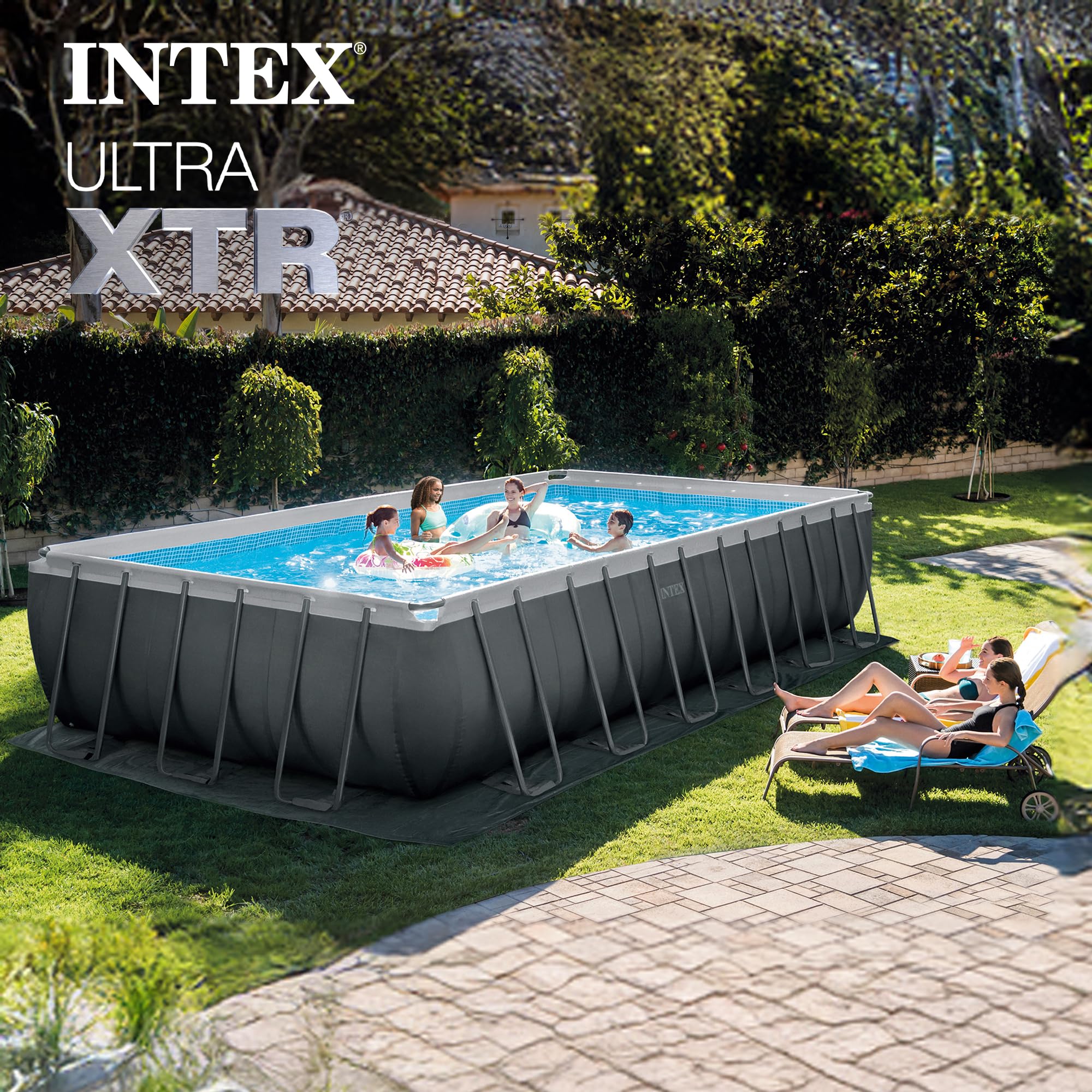 INTEX Ultra XTR 32 ft x 16 ft 52 in Above Ground Pool Set, Rectangular Swimming Pool with Sand Pump, Saltwater System, Maintenance Kit, & Volleyball Game