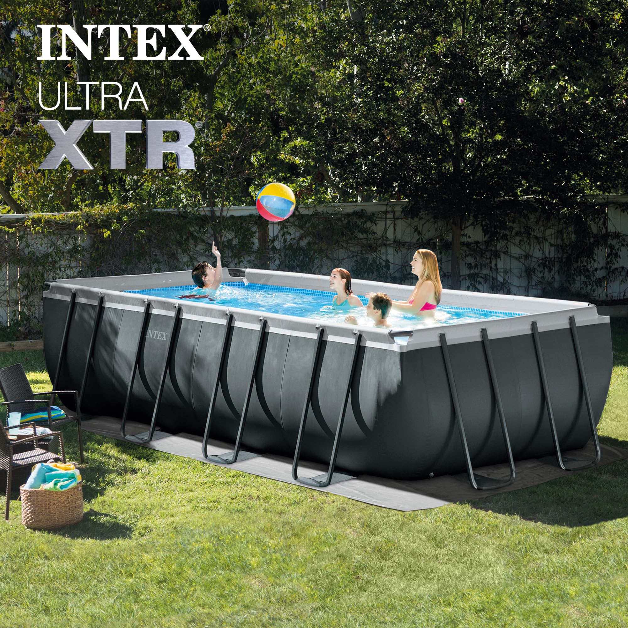 INTEX Ultra XTR 32 ft x 16 ft 52 in Above Ground Pool Set, Rectangular Swimming Pool with Sand Pump, Saltwater System, Maintenance Kit, & Volleyball Game